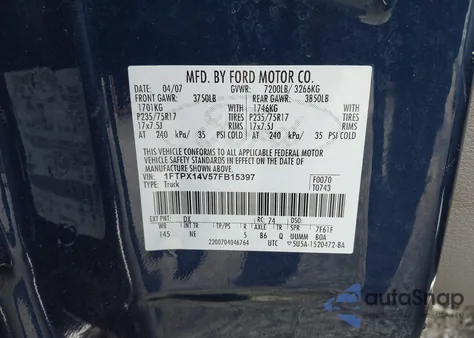 2007 Ford F-150 Fx4/Lariat/Xl/Xlt from USA, damaged, VIN 1FTPX14V57FB15397